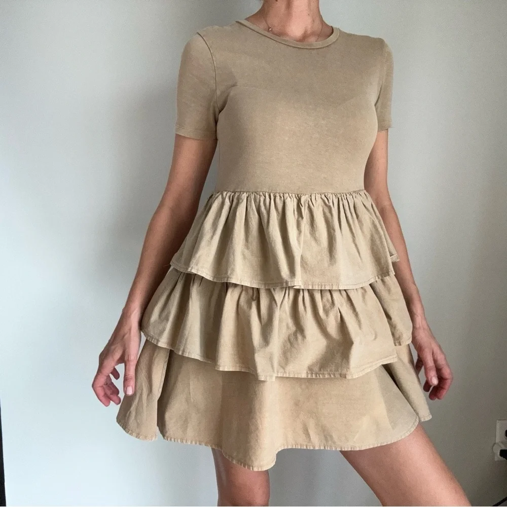 Zara Woman  Beige Ruffled 100% Cotton Tshirt Dress, size Small - Picture 8 of 9
